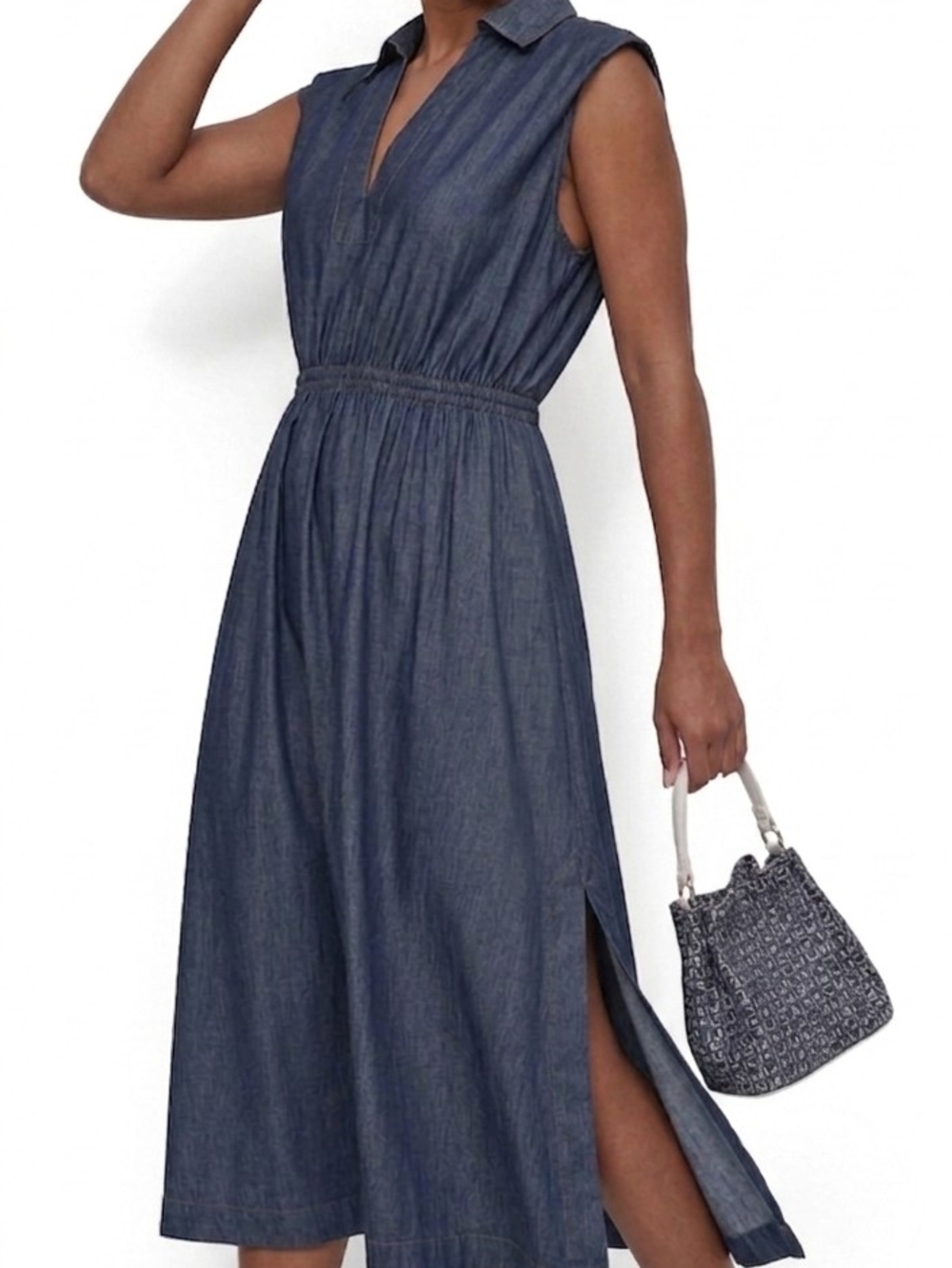 Sleeveless Blue Chambray Midi Dress with Elastic Waist DKNY New With Tags Size 6